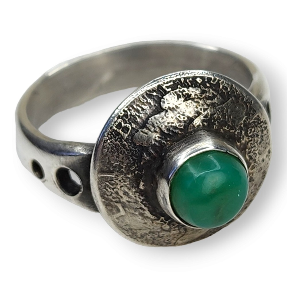 Artisan Ring Sterling Silver 925 Size 11 Green Mercury Head Dime‎ Chrysocolla